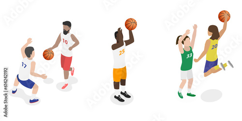 3D Isometric Flat  Set of Basketball Players