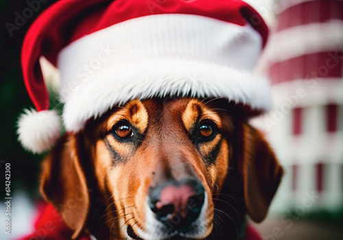 Dog wearing santa claus hat on christmas background. Generative AI