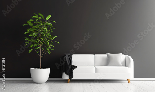 modern living room with white sofa, plant on a black wall background, perfect for mock up