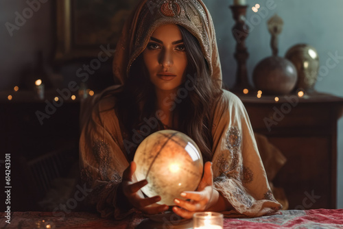 Gypsy young woman fortune teller working with glowing crystal ball, predicting future, looking directly into camera, esoteric mysticism decorations in background. Generative AI