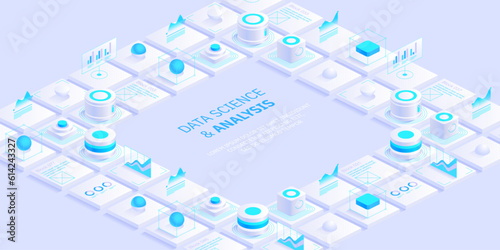 Modern isometric design concept of data science and analysis. Technology background. Illustration for websites, landing pages, mobile applications, posters and banners