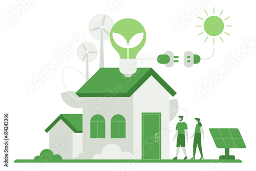 People using eco future technology, renewable energy sources. Cartoon characters standing near smart home with renewable energy, wind turbines, solar panels. Green energy to clean environment concept