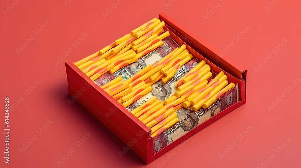 One hundred dollar bills in french fries package. Generative Ai One hundred dollar bills in french fries package. Generative Ai