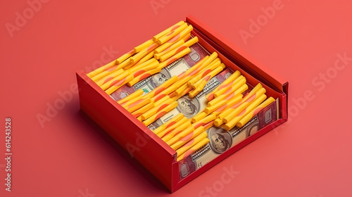 One hundred dollar bills in french fries package. Generative Ai