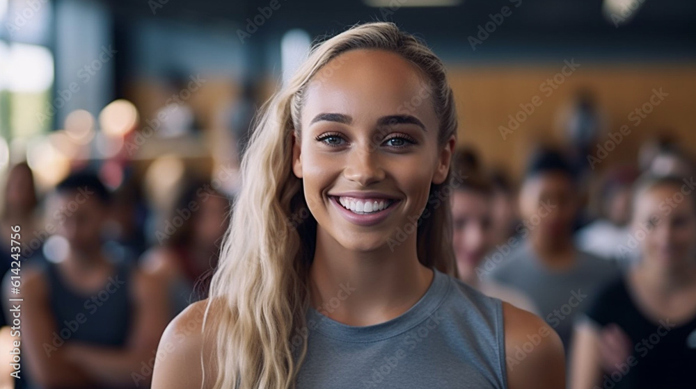 adult woman in with group in gym, yoga sport or fitness, workout or muscle building, indoor, fictional location adult woman in with group in gym, yoga sport or fitness, workout or muscle building, indoor, fictional location