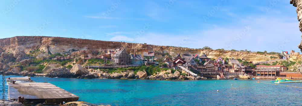 Malta, Il-Mellieha. View of the famous Mellieha village and the bay on a sunny day