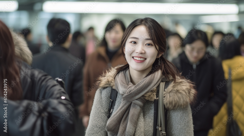 young adult woman or teenage girl, at a train station or airport, fictitious place, with a thick winter jacket, crowd busy