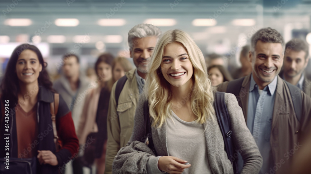 young adult woman and work colleagues go on a business trip, at the airport or train station, fictional place young adult woman and work colleagues go on a business trip, at the airport or train station, fictional place