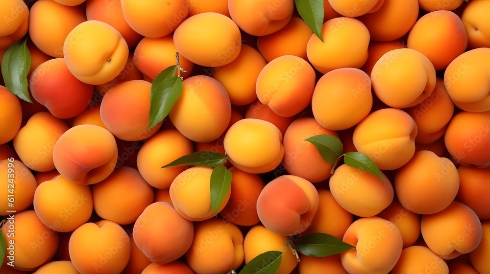 Beautiful selection of freshly picked ripe apricots. Background of apricots with green leaves. Close up of fresh apricots background. Beautiful selection of freshly picked ripe apricots. Background of apricots with green leaves. Close up of fresh apricots background.