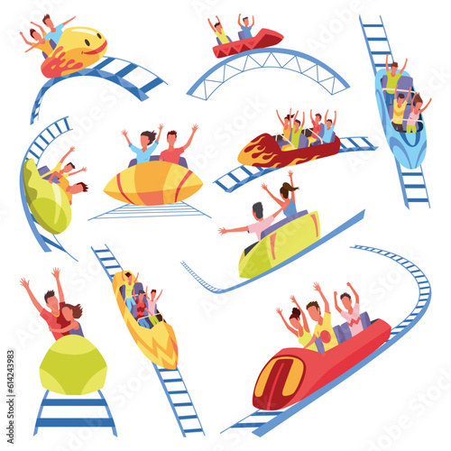 Roller coaster happy people. Rollercoaster. Friends riding in amusement park have fun positive emotion, park attractions. Young people having fun and enjoyment, cartoon vector illustration