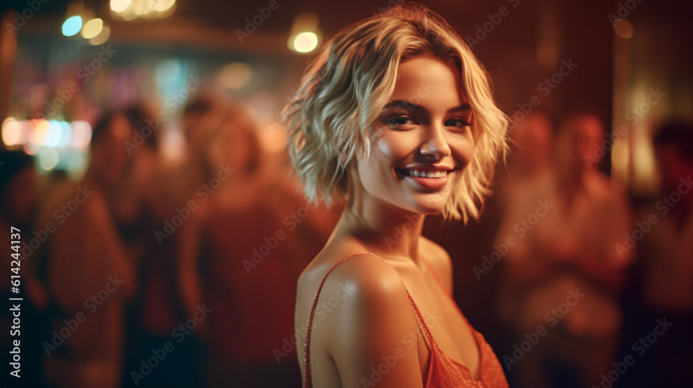 young adult woman is in a bar at night, nightlife and going out, meeting people and partying, partying and having fun, out with friends, fictional location