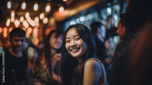 young adult woman is in a bar at night, nightlife and going out, meeting people and partying, partying and having fun, out with friends, fictional location