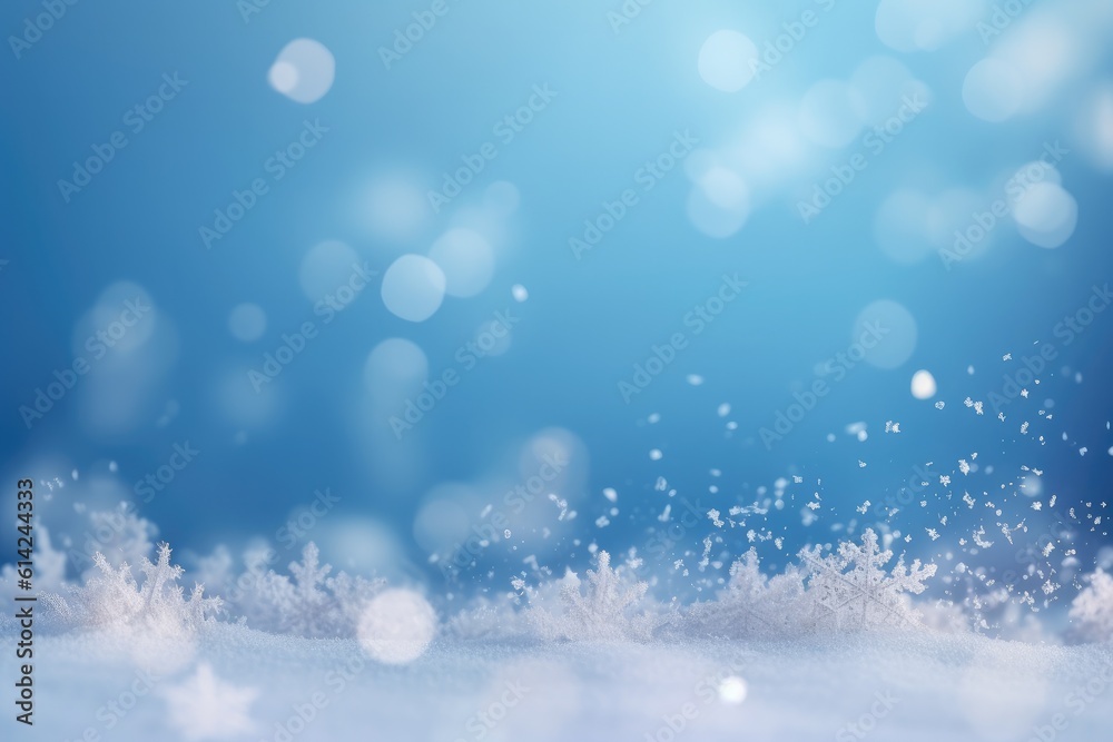 Beautiful winter snow background with snowdrifts, with beautiful light and snow flakes on the blue sky. Ai generative.