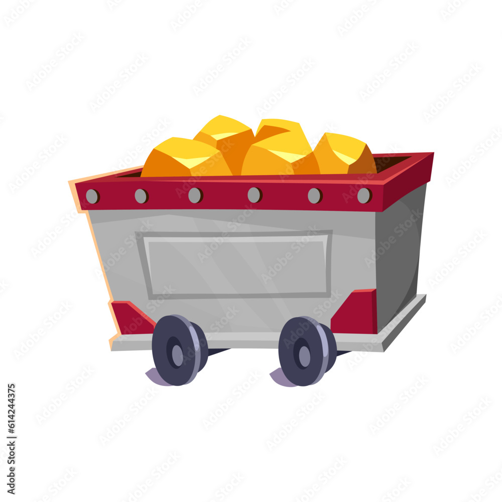 Mining wagon full of gold ore. Mine cart icon isolated on white background. Loaded trolley for game or app design. Precious metals extraction and transportation. Cartoon vector illustration. Mining wagon full of gold ore. Mine cart icon isolated on white background. Loaded trolley for game or app design. Precious metals extraction and transportation. Cartoon vector illustration.
