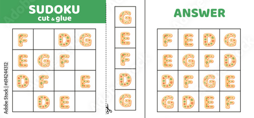 Sudoku with four cookie letters. D E F G. Game puzzle for little kids. Cut and glue. Cartoon