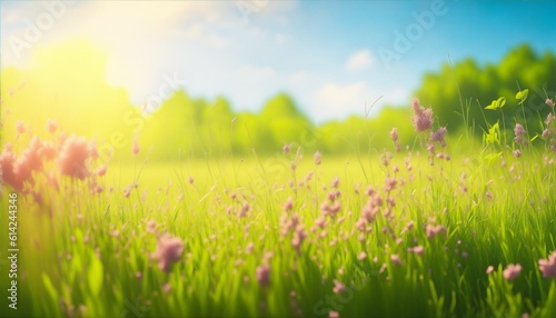 Abstract Spring Splendor with Blooming Flowers, Trees, and Bokeh in a Serene Summer Meadow Landscape