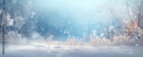 Beautiful winter snow background banner with snowdrifts, with beautiful light and snow flakes on the blue sky. Ai generative.