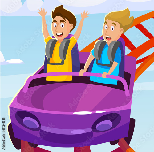 People riding on a roller coaster in an amusement park. Excited and happy boys laugh and scream on a high ride in an attraction cart. Background of a fairground adventure. Cartoon vector illustration