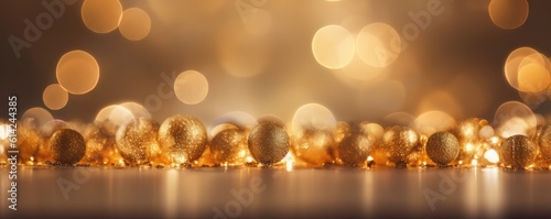 Beautiful abstract defocused Christmas banner background. Golden Christmas lights sparkle. Ai generative.