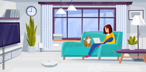 A cat and a woman with a laptop sit on a couch while a robot vacuum cleaner cleans the floor in a living room. Concept of housekeeping with modern technology and comfort. Cartoon vector illustration.