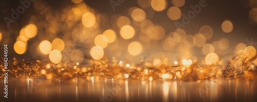 Beautiful abstract defocused Christmas banner background. Golden Christmas lights sparkle. Ai generative.
