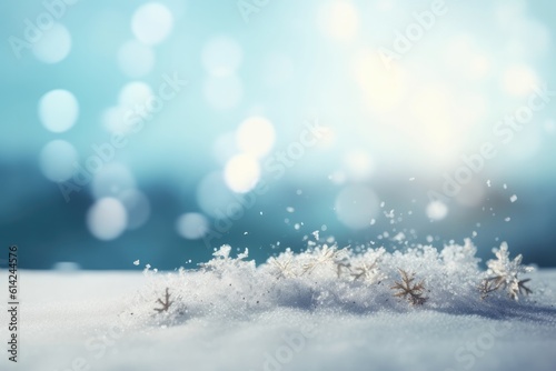 Beautiful winter snow background with snowdrifts, with beautiful light and snow flakes on the blue sky. Ai generative. © Nataly
