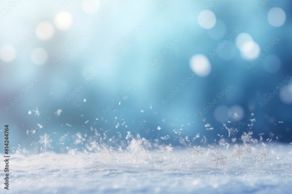 Beautiful winter snow background with snowdrifts, with beautiful light and snow flakes on the blue sky. Ai generative.