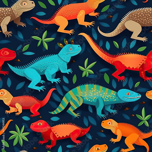 Cartoon lizards cute funny seamless repeat pattern tropical Mexican [Generative AI] 