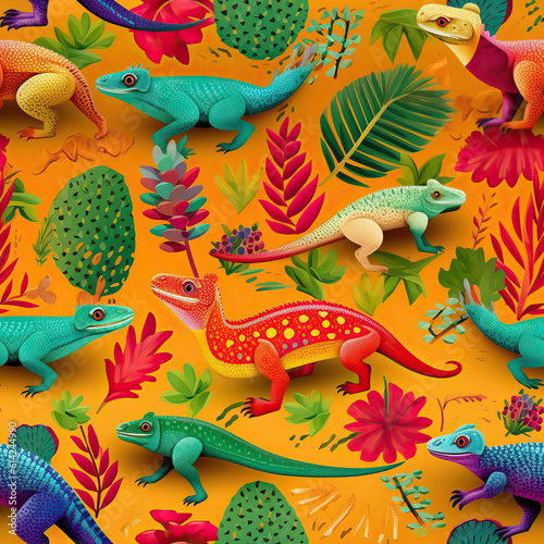 Cartoon lizards cute funny seamless repeat pattern tropical Mexican  Generative AI  