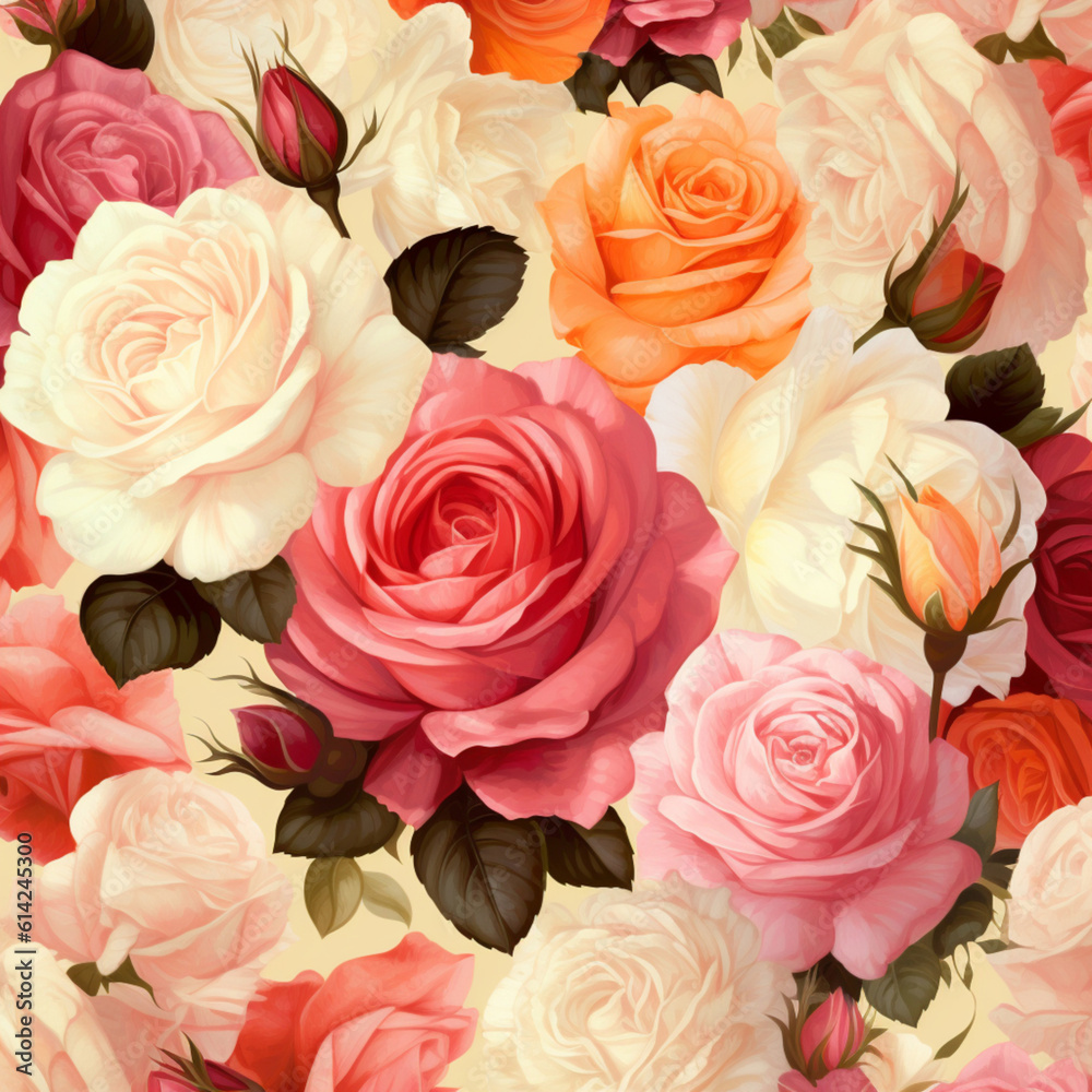 Illustration, Generative AI, painted roses of different colors, beautiful floral background. Illustration, Generative AI, painted roses of different colors, beautiful floral background.
