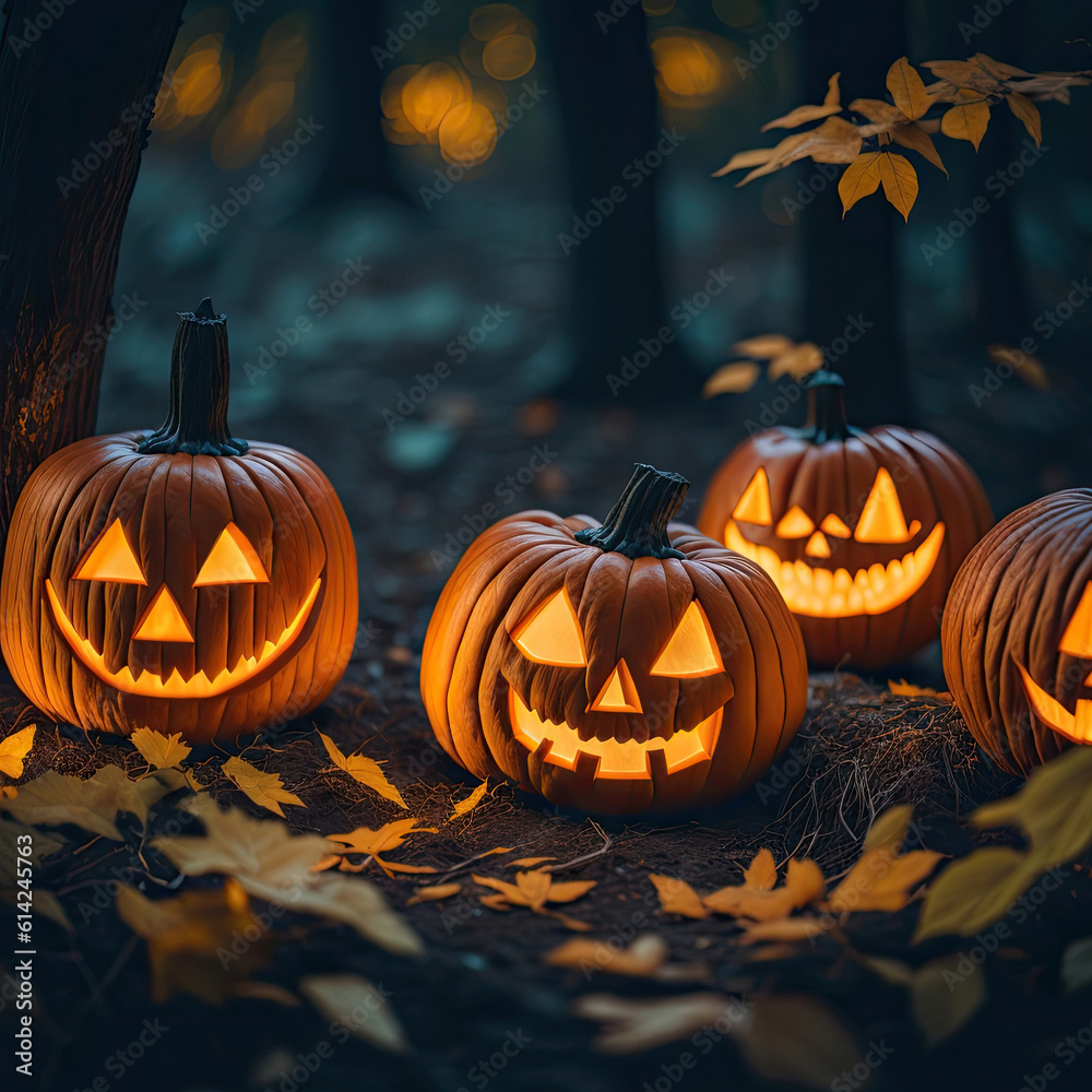 Halloween pumpkins and jack o lanterns on dark creepy background and beautiful misty atmosphere,. Generative AI Halloween pumpkins and jack o lanterns on dark creepy background and beautiful misty atmosphere,. Generative AI