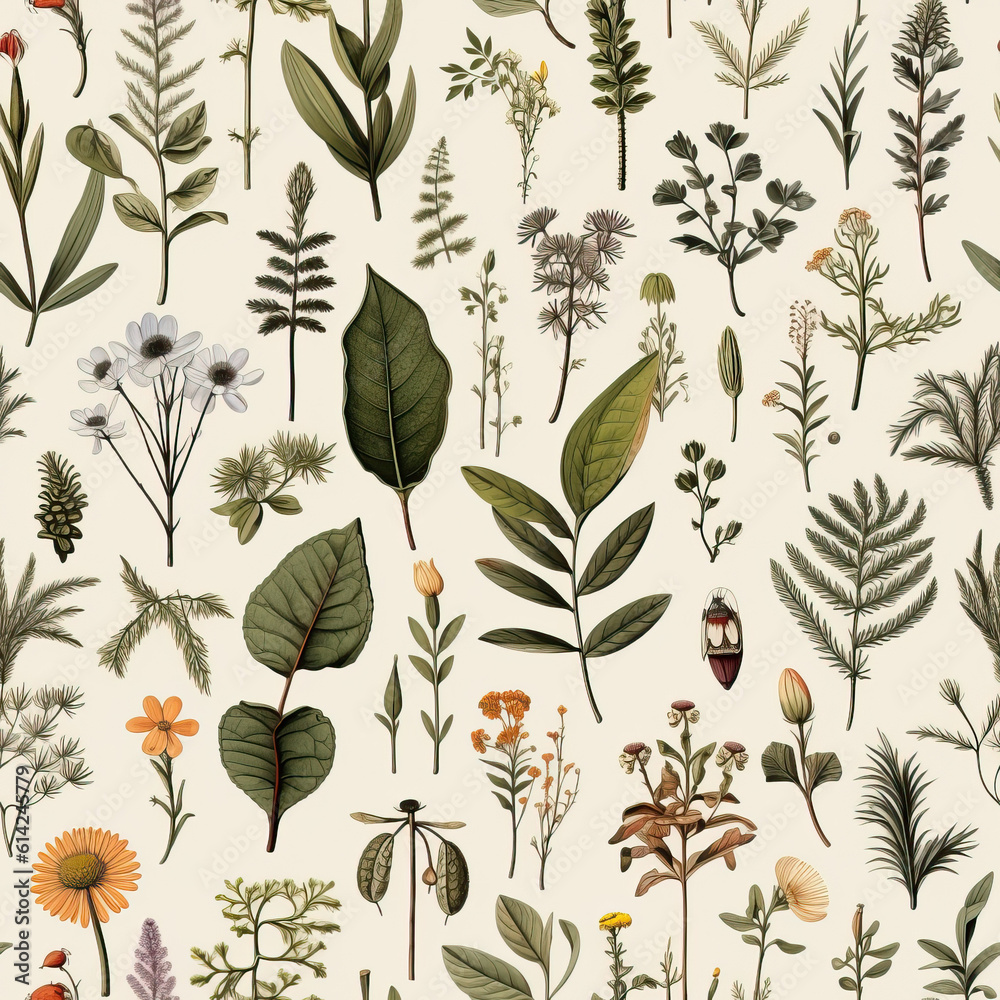 Herbarium seamless repeat pattern on white background [Generative AI]
