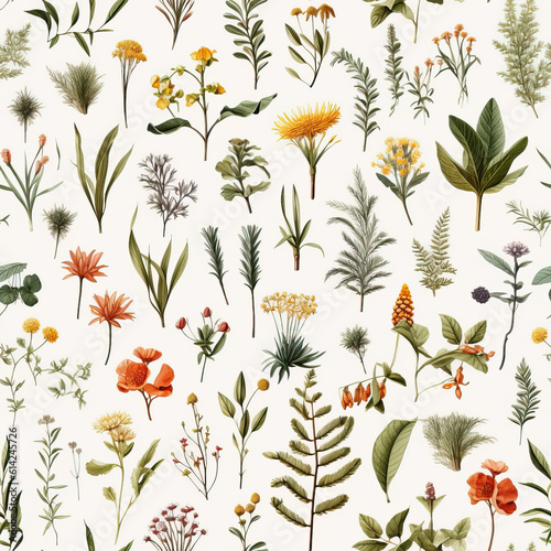 Herbarium seamless repeat pattern on white background [Generative AI] 
