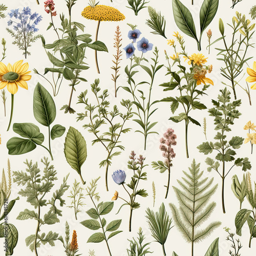 Herbarium seamless repeat pattern on white background [Generative AI]  © Roman