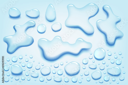 Water puddle drops set. Top view liquid splashes set, wet environment. Water spill or aqua scattered drops isolated on blue background