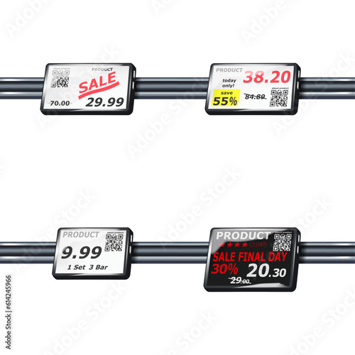 Electronic shelf label on rail set. E-paper display for retail store price tags. Information monitor screen. Realistic vector illustration. Template for design