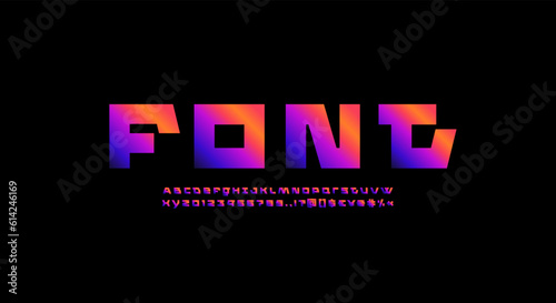 Tech bright font, digital cyber thick alphabet, trendy modern Latin letters A, B, C, D, E, F, G, H, I, J, K, L, M, N, O, P, Q, R, S, T, U, V, W, X, Y, Z and Arab numerals 0, 1, 2, 3, 4, 5, 6, 7, 8, 9