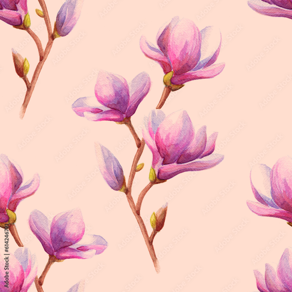 Hand drawn watercolor magnolia seamless pattern