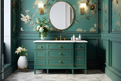 A bathroom with a green vanity and floral wallpaper. Generative AI photo