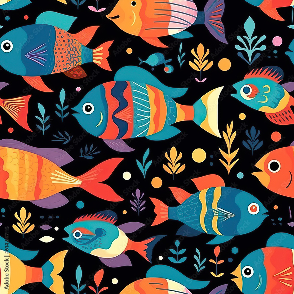 Fish folk art seamless repeat pattern [Generative AI]
