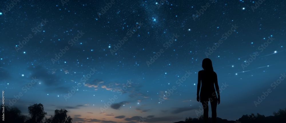 Silhouette of a girl looks at the starry sky. Generative AI