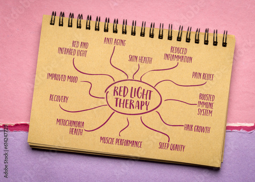 фотографія health benefits of red light therapy - mind map sketch in a notebook, health and