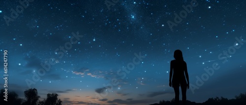 Silhouette of a girl looks at the starry sky. Generative AI © BraveSpirit