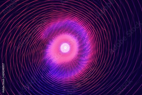 Abstract graphic design art: Geometric shapes of pink and violet neon lines create an illusionary spiral against a vibrant purple background. Generative AI