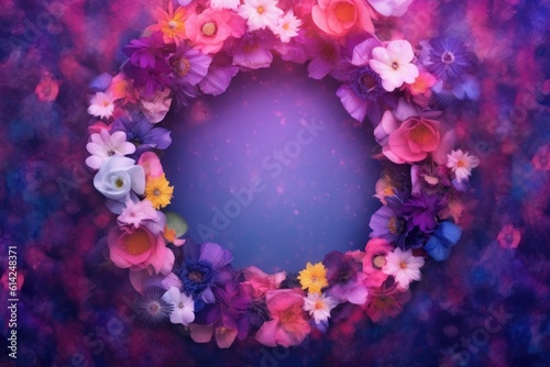 Defocused purple flowers arranged in circle on multicolored backdrop. Generative AI
