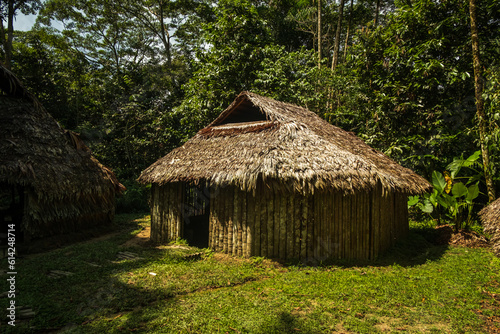 Maloca traditional Indios amazon rainforest house hut panoramic view in the forest under sunshine © Michele