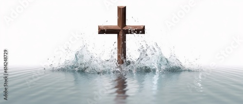 Wooden cross stands surrounded by water. Generative AI