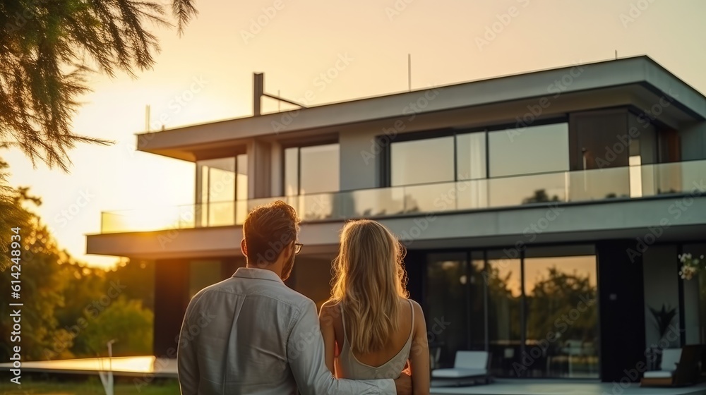 Young couple standing together looking at their new modern home with excitement and satisfaction. Generative AI Young couple standing together looking at their new modern home with excitement and satisfaction. Generative AI