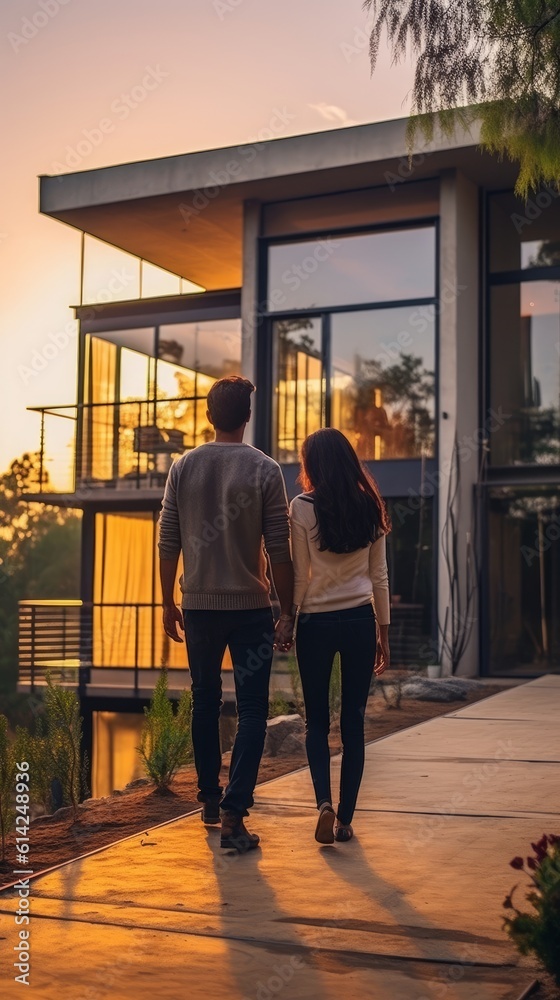 Young couple standing together looking at their new modern home with excitement and satisfaction. Generative AI