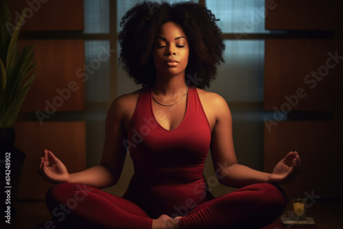 Black woman practicing yoga at home. Generative AI.